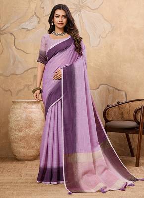 Lavender linen cotton blend saree with contrast border 1