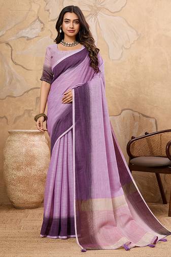 Lavender linen cotton blend saree with contrast border