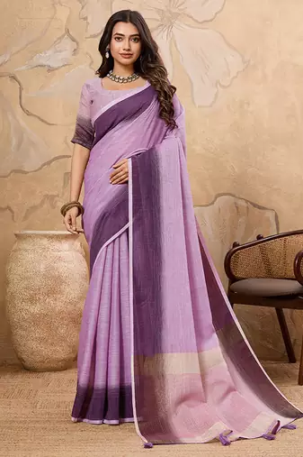 Lavender linen cotton blend saree with contrast border