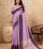 Lavender linen cotton blend saree with contrast border