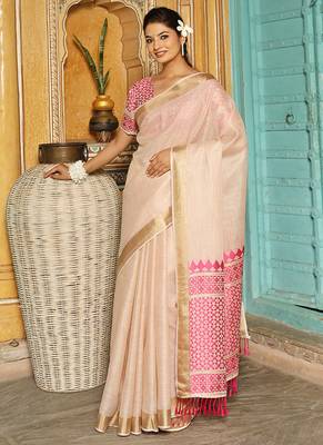 Off white woven linen silk saree with gold zari border 3