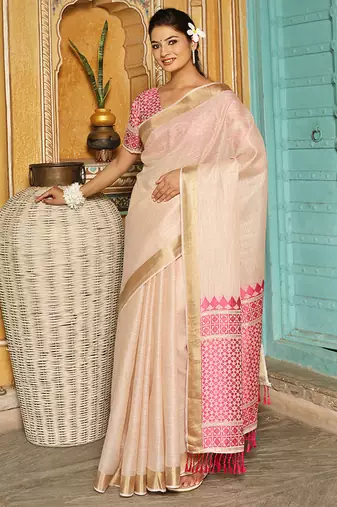 Off white woven linen silk saree with gold zari border