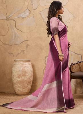 Pink linen cotton blend saree with contrast border 3