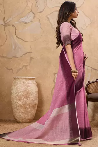 Pink linen cotton blend saree with contrast border