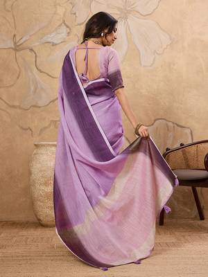 Lavender linen cotton blend saree with contrast border 2