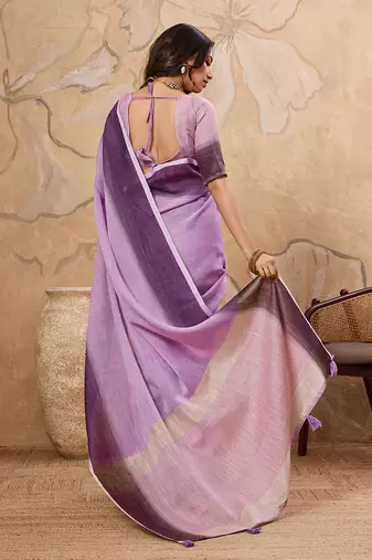 Lavender linen cotton blend saree with contrast border