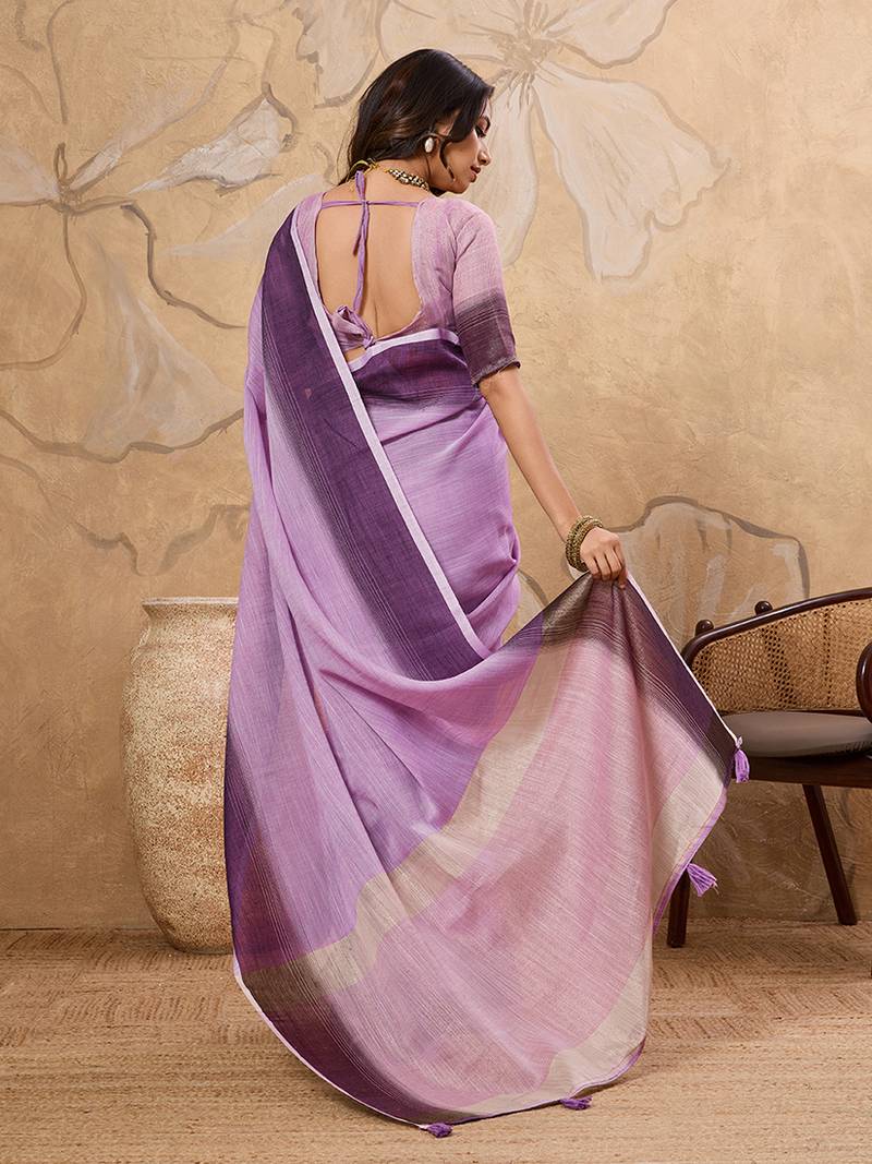 Lavender linen cotton blend saree with contrast border