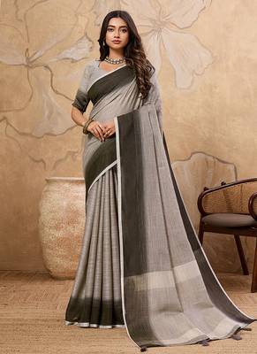Grey linen cotton blend saree with contrast border 1