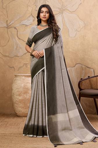 Grey linen cotton blend saree with contrast border
