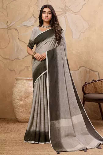 Grey linen cotton blend saree with contrast border