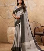 Grey linen cotton blend saree with contrast border
