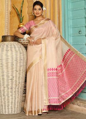Off white woven linen silk saree with gold zari border 4