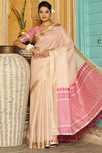 Off white woven linen silk saree with gold zari border