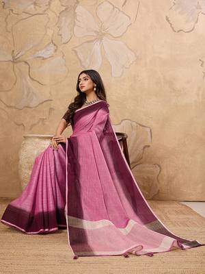 Pink linen cotton blend saree with contrast border 4