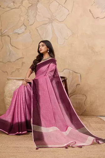 Pink linen cotton blend saree with contrast border
