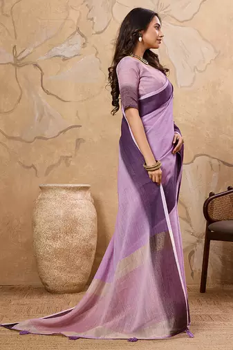 Lavender linen cotton blend saree with contrast border