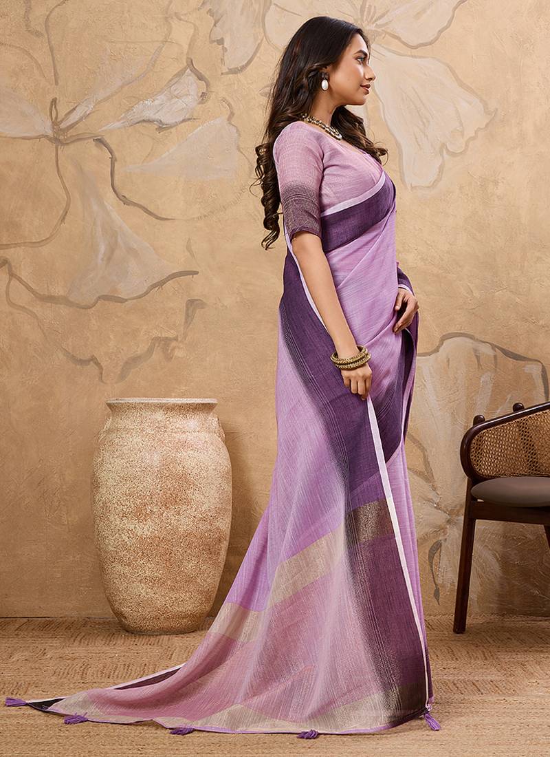 Lavender linen cotton blend saree with contrast border