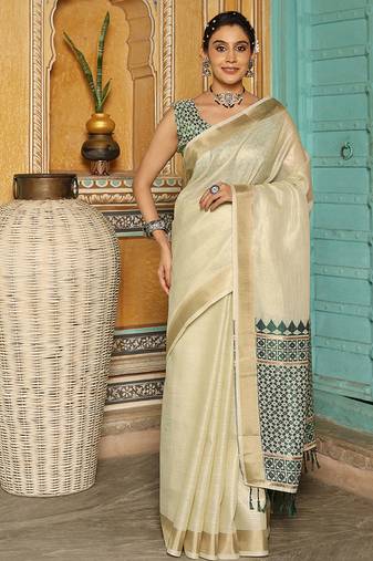 Off white woven linen silk saree with gold zari border