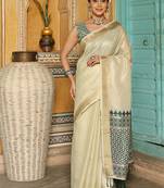 Off white woven linen silk saree with gold zari border