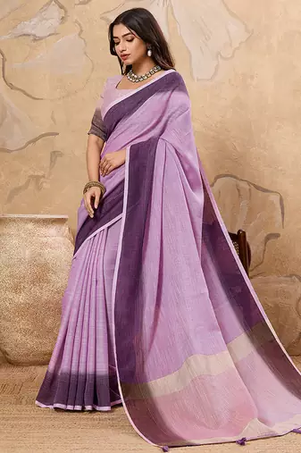 Lavender linen cotton blend saree with contrast border