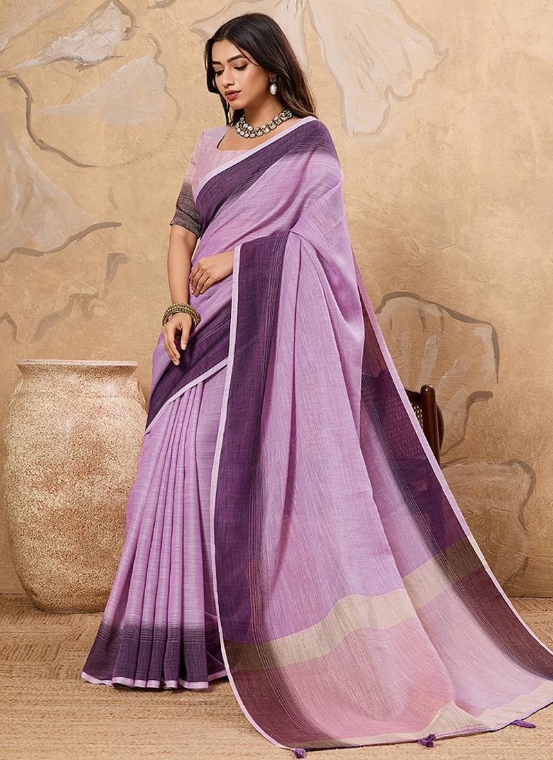 Lavender linen cotton blend saree with contrast border