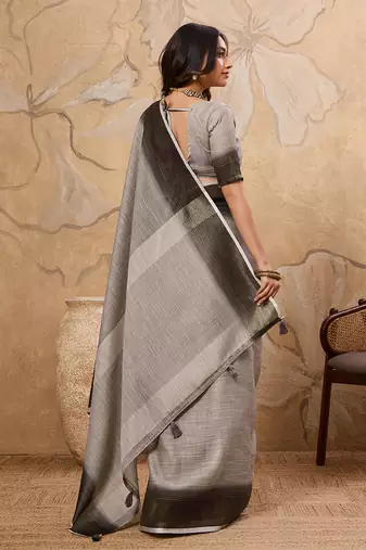 Grey linen cotton blend saree with contrast border