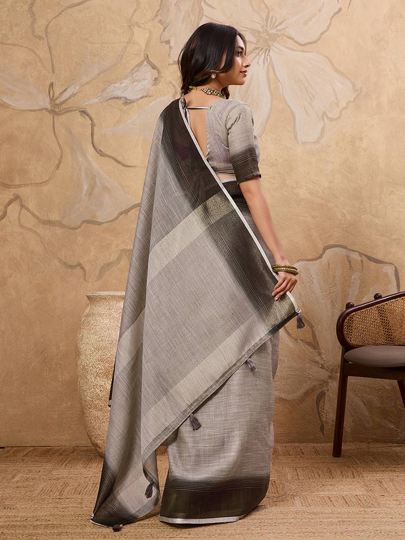Grey linen cotton blend saree with contrast border