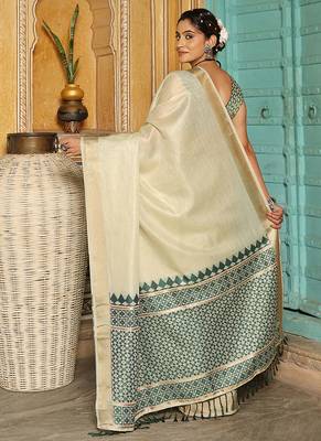Off white woven linen silk saree with gold zari border 2