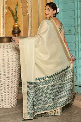 Off white woven linen silk saree with gold zari border