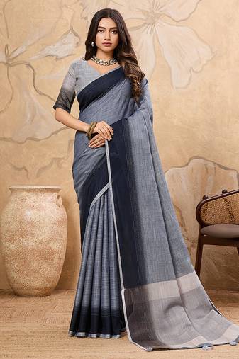 Slate grey linen cotton blend saree with contrast border