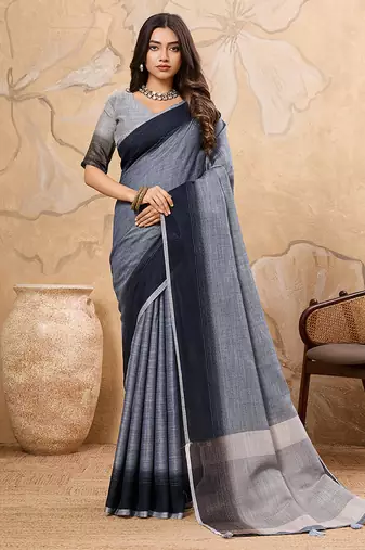 Slate grey linen cotton blend saree with contrast border