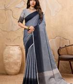Slate grey linen cotton blend saree with contrast border