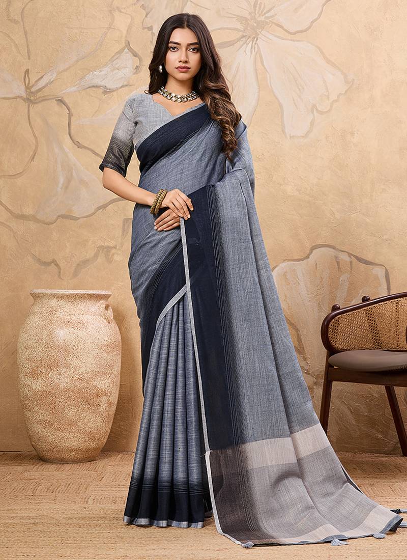 Slate grey linen cotton blend saree with contrast border