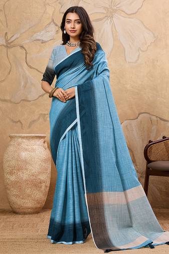 Sky blue linen cotton blend saree with contrast border