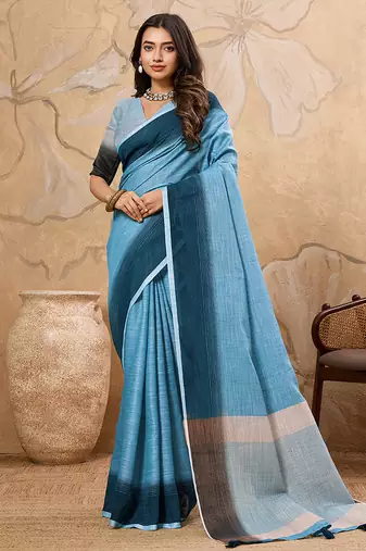 Sky blue linen cotton blend saree with contrast border