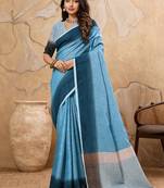 Sky blue linen cotton blend saree with contrast border