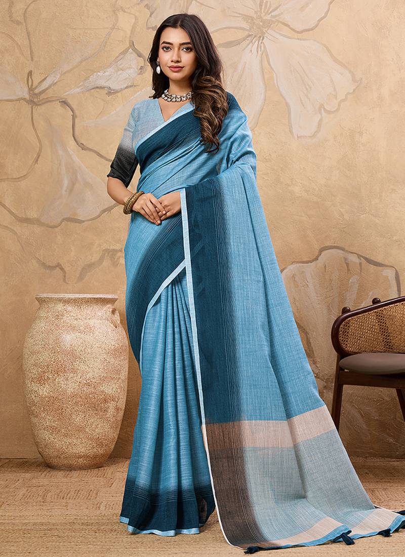 Sky blue linen cotton blend saree with contrast border