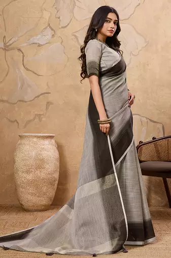 Grey linen cotton blend saree with contrast border