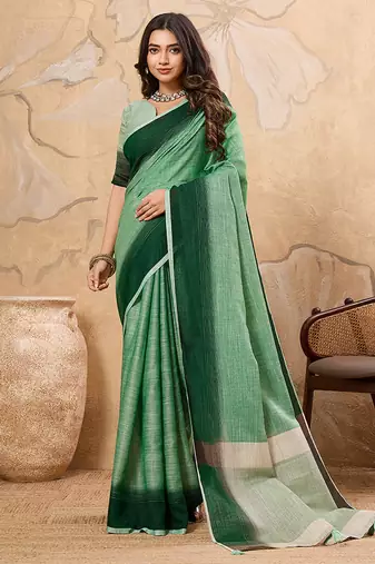 Light green linen cotton blend saree with contrast border