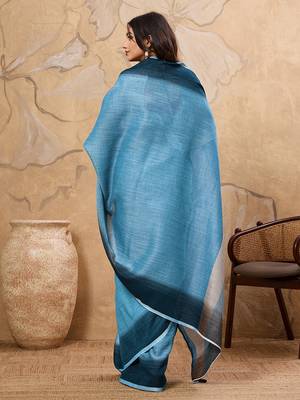 Sky blue linen cotton blend saree with contrast border 2