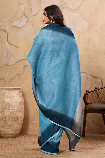 Sky blue linen cotton blend saree with contrast border