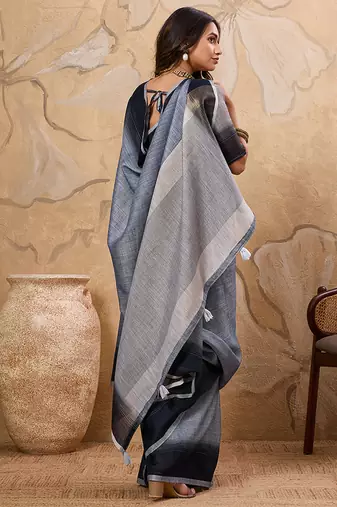 Slate grey linen cotton blend saree with contrast border