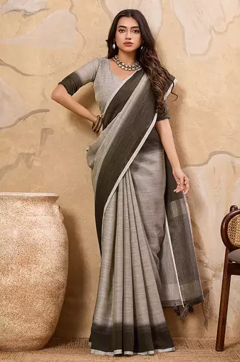 Grey linen cotton blend saree with contrast border