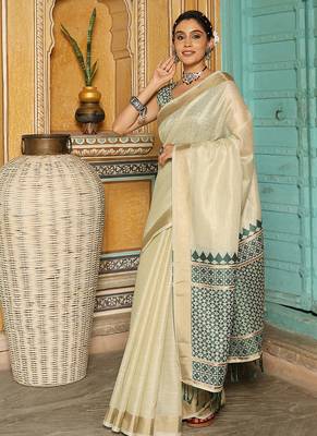 Off white woven linen silk saree with gold zari border 3