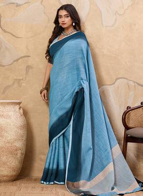 Sky blue linen cotton blend saree with contrast border 4