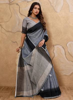 Slate grey linen cotton blend saree with contrast border 4