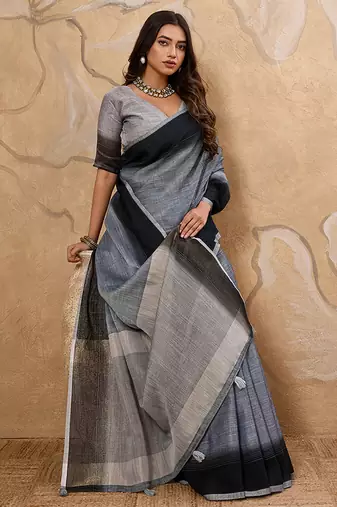 Slate grey linen cotton blend saree with contrast border