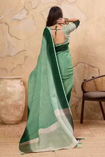 Light green linen cotton blend saree with contrast border