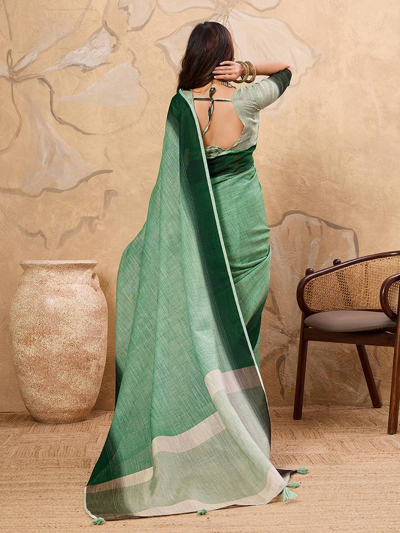 Light green linen cotton blend saree with contrast border