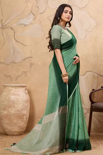 Light green linen cotton blend saree with contrast border